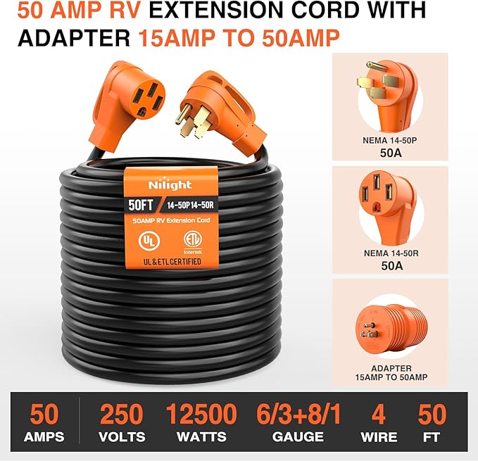 Nilight 50FT 50 Amp RV Extension Cord with Adapter 15Amp to 50Amp 250V Heavy Duty 6/3+8/1 Gauge Pure Copper STW Wire UL ETL Listed 4 Prong 14-50P 14-50R Weatherproof Suit for Generators Camper