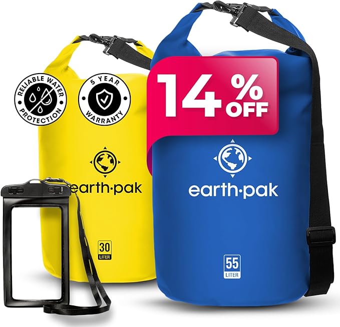 Earth Pak Waterproof Dry Bag - Roll Top Waterproof Backpack Sack (Blue 55L &amp Yellow 30L)