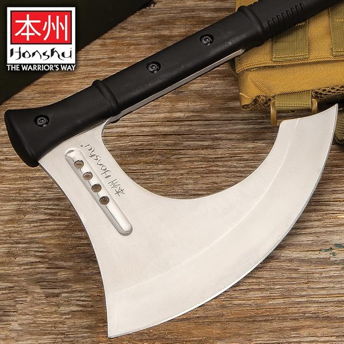 HONSHU Karito Battle Axe with Leather Sheath - 7Cr13 Stainless Steel Blade Impact-Resistant Injection-Molded Nylon Handle EDM Textured - Tradition and Innovation - Great for Breaching - Length 27”