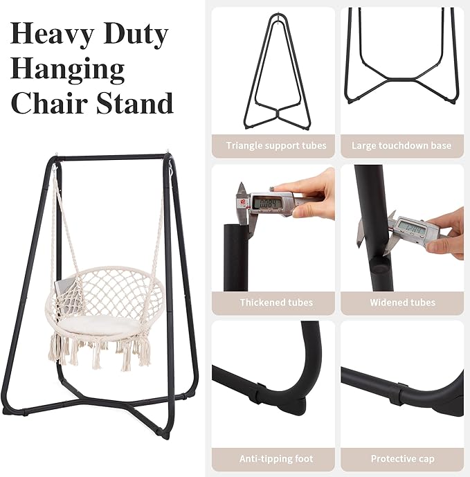 SUNCREAT Patio Swing Chair with Stand and Cushion Heavy Duty Hanging Chair with Stand for Bedroom 330 lbs Capacity Patent Pending Beige