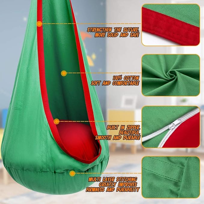 Y- STOP Kids Pod Swing Chair Hammock Chair Swing with Inflatable Pillow Sensory Swing with Pocket for Outdoor and Indoor Max 176Lbs(Green and Red)