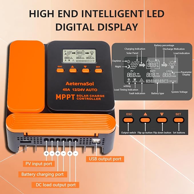 Solar Charge Controller 40A Charge Controllers 12/24V MPPT Solar Charge Controller with Adjustable LCD Timer Dual USB Max Input 100V for LiFePO4/AGM/GEL/FLD Batteries (Orange)