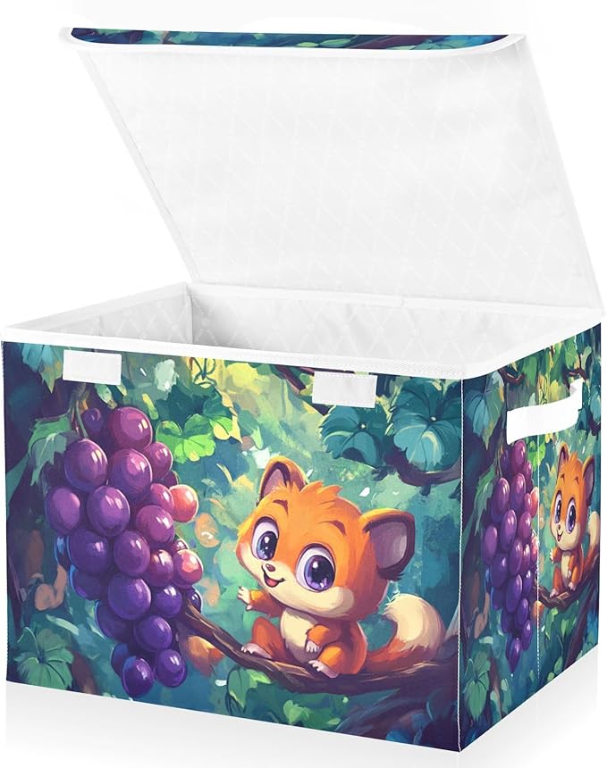 Collapsible Storage Bins with Lids Decorative Fabric Storage Cubes Closet Organizer and Storage Basket Boxes Containers for Clothes Box Chest Nursery Folding Rectangle Cute Grape Fox