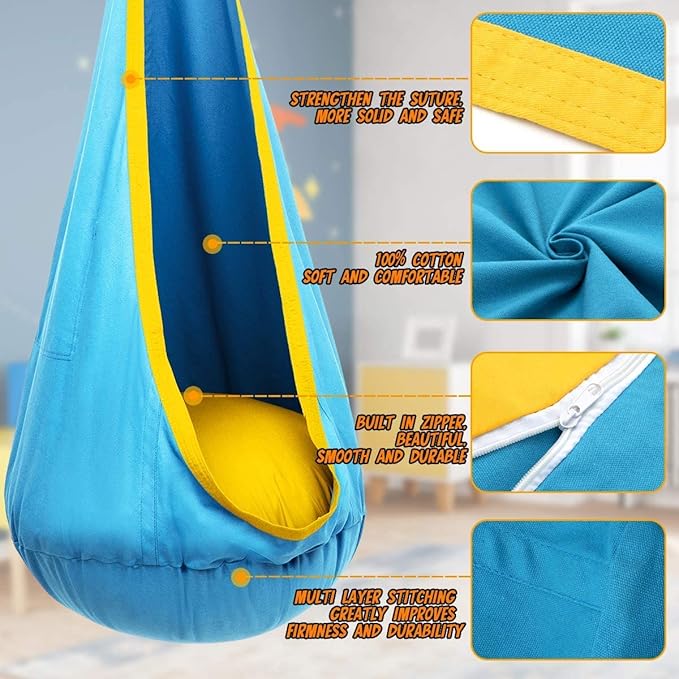 Y-STOP Kids Pod Swing Seat Hanging Hammock Chair with Inflatable Pillow Sensory Swing Chair with Pocket for Indoor and Outdoor (Blue Yellow)