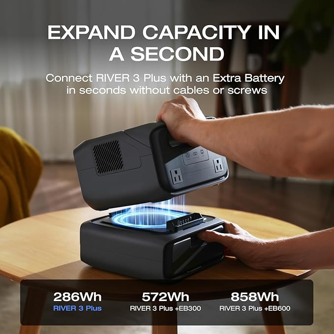 EF ECOFLOW Solar Generator RIVER 3 Plus with 110W Solar Panel 286Wh Portable Power Station LiFePO4 Battery 3 Up to 1200W AC Outlets &lt10 MS UPS Expandable to 858Wh &lt30 dB Quiet 1Hr Fast AC