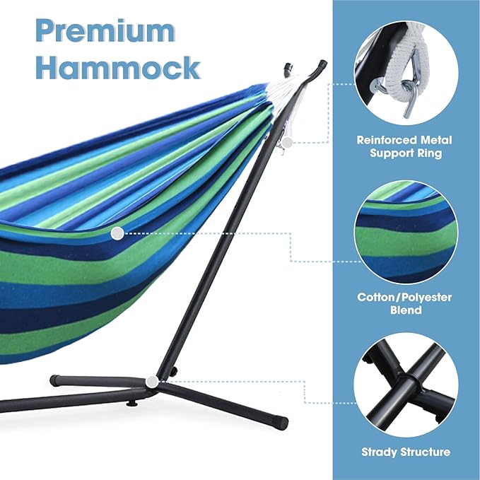 550lbs Capacity Double Hammock Adjustable Hammock Bed with 10ft Heavy Duty Steel Stand Includes Portable Carrying Case Easy Set up Blue/Green a
