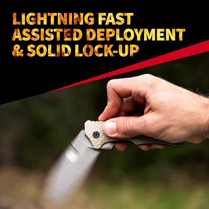 Off-Grid Knives - Rapid Fire Stinger Assisted Spear Point Blade Hard Use Build Tactical Camping &amp Survival EDC Cryo D2 Steel G10 Scales Deep Pocket Carry (Coyote)