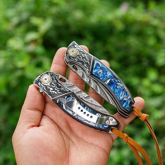 VNLA Handmade Damascus steel Folding Pocket knife. VG10 steel core men and women Folding knifeWith Leather sheathLining lockEbony inlaid with resin HandleEDC outdoor camping