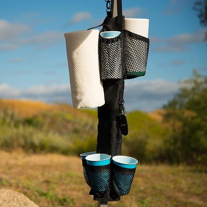 ezSTOW Canopy Organizer - Organize Your Awning Drink Holder Paper Towel Storage Sunscreen Pockets Trash Bags Attach to Tree Outdoor Hunting Ballgame Camping Baseball Soccer Track