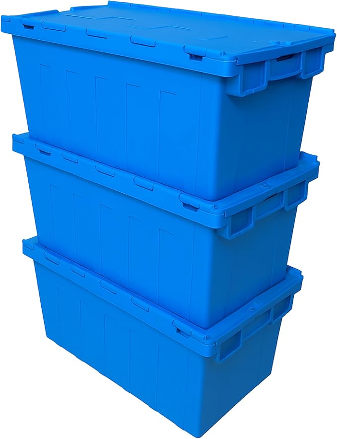 1 PCS 16.5 Gallon Industrial Distribution Tote with Hinged Attached Lid – Stackable &amp Nestable Reusable Heavy-Duty Transport Container for Warehouse Logistics and Moving Use