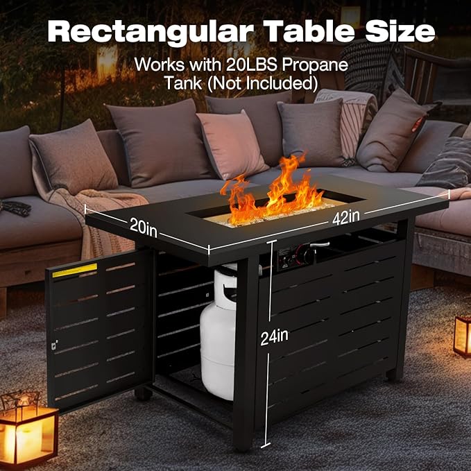 Hykolity 42 Inch Gas Fire Pit Table 60000 BTU Propane Pits for Outside with Steel Lid and Waterproof Cover 2 in 1 Firepit Table Gatherings Parties on Patio Deck Garden Backyard Black