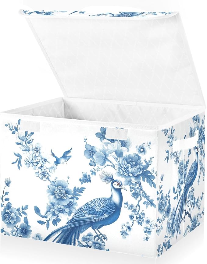 Collapsible Storage Bins with Lids Decorative Fabric Storage Cubes Closet Organizer and Storage Basket Boxes Containers for Clothes Box Chest Nursery Folding Rectangle Chinoiserie Peacock