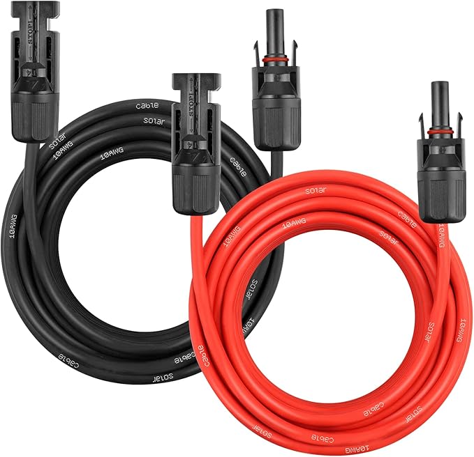 Solar Panel Extension Cable - 10AWG 25FT Solar Wire Cord 10 Gauge PV Wire with Female &amp Male Waterproof Connector for RV Photovoltaic Systems Home Boat Solar Panels Car(25ft Red + 25ft Black)