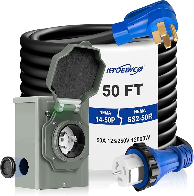 50 Amp Generator Cord and Inlet Box Combo Kit 50FT NEMA 14-50P to SS2-50R Cord Pre-Drilled Inlet Box Waterproof UL &amp ETL Listed