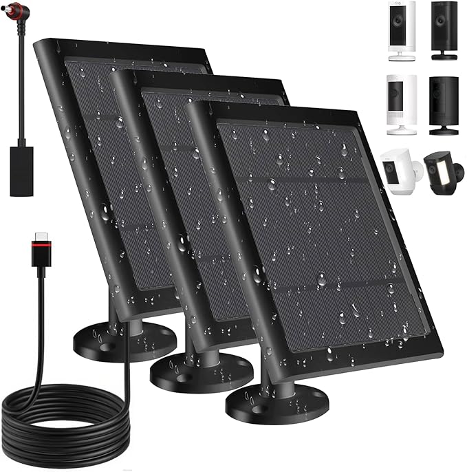 Solar Panel for Ring Camera(2nd Generation) Dustproof Waterproof 5W Solar Panel with 10FT/3M Long Cable for Stick Up &amp Pro Spotlight Cam Battery for Security Camera 3 Pack-BK