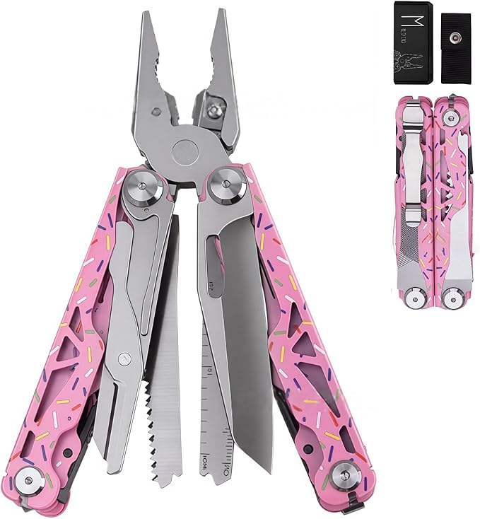 Multitool 15-in-1 Full-Size Lightweight EDC Multi-Purpose Pliers Nylon Bag Camping Knives &amp Tools Tactical Outdoor Gear Mens Gifts Ideas Gifts for Hunters Men who have Everything (Pink)