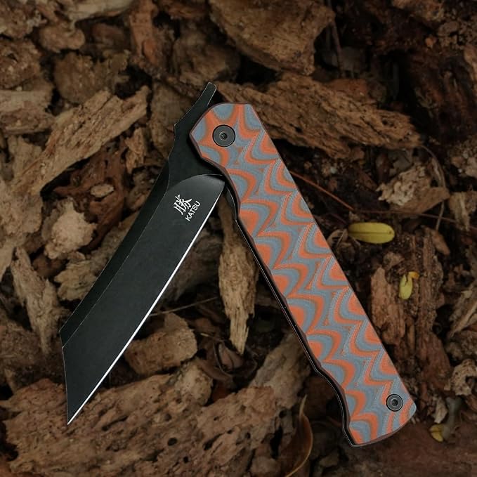 KATSU AUS-8 Steel Blade Folding KnifePocket Knife for Men G10 Handle Liner Lock Japanese Style Front Flipper EDC Knife with Clip Black Titanium Coated/Stonewashed finish