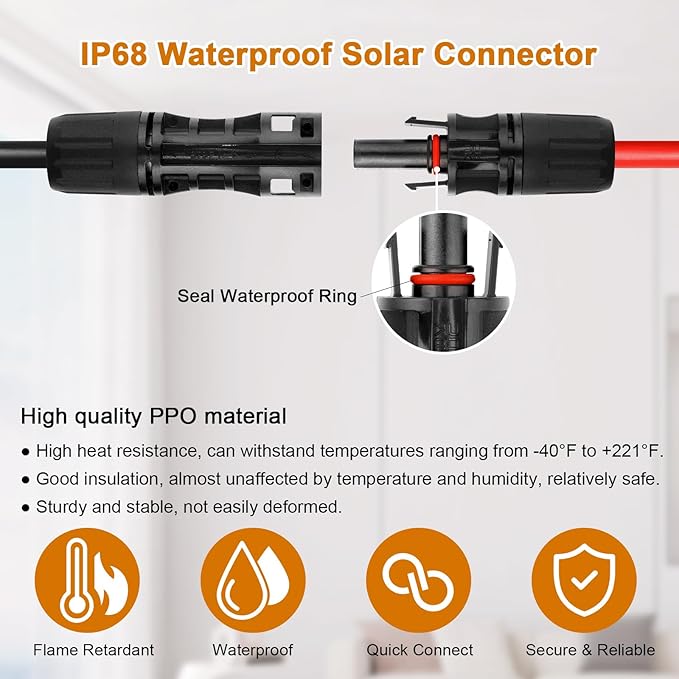 Solar Panel Extension Cable - 8AWG 30FT Solar Wire Cord 8 Gauge PV Wire with Female &amp Male Waterproof Connector for RV Photovoltaic Systems Home Boat Solar Panels Car(30ft Red + 30ft Black)