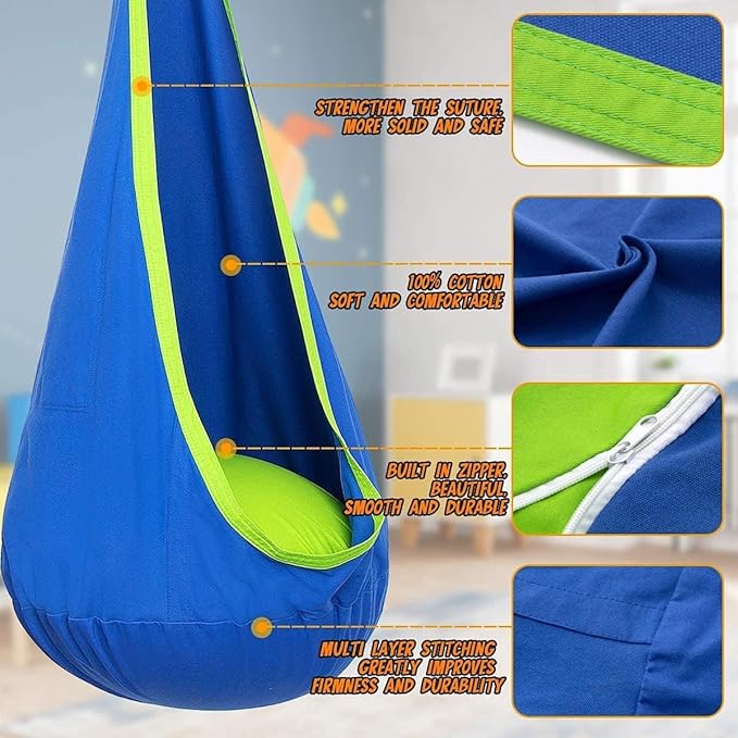 Y- STOP Kids Pod Swing Seat Hanging Hammock Chair Swing with Inflatable Pillow Sensory Swing Chair with Pocket for Outdoor and Indoor (Blue)