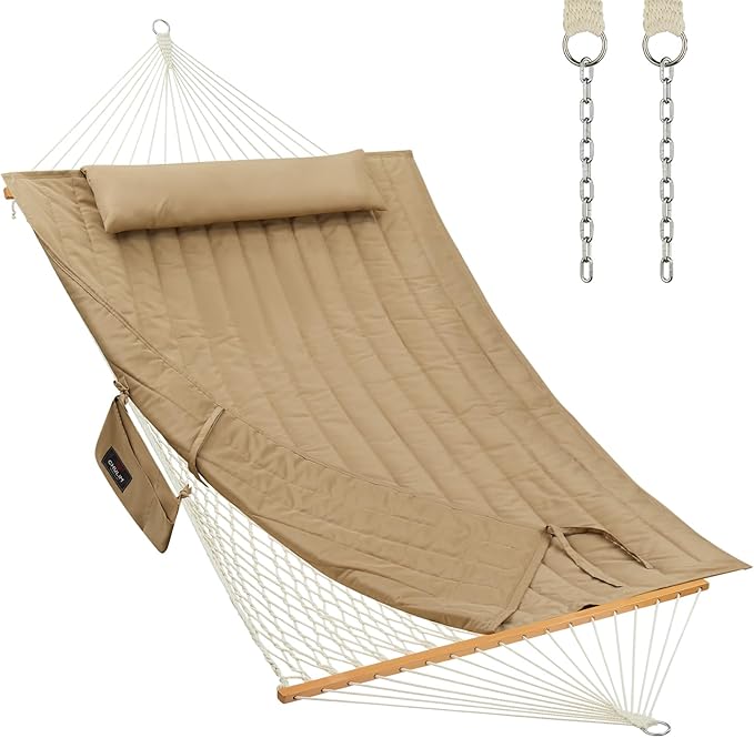 CHULIM Outdoor Double Hammock with Hardwood Spreader Bars Large Rope Hammock with Polyester Pad and Pillow 475 LBS Capacity for 2 Person Patio Backyard Poolside - Tan