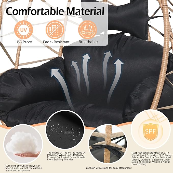 Hanging Egg Chair Swing with Stand Patio Wicker Hanging Chair Webbing &amp PE Rattan Weaving Thickened UV Resistant Cushion &amp Alloy Steel Frame 380lbs Capacity for Patio Bedroom Balcony (YH)