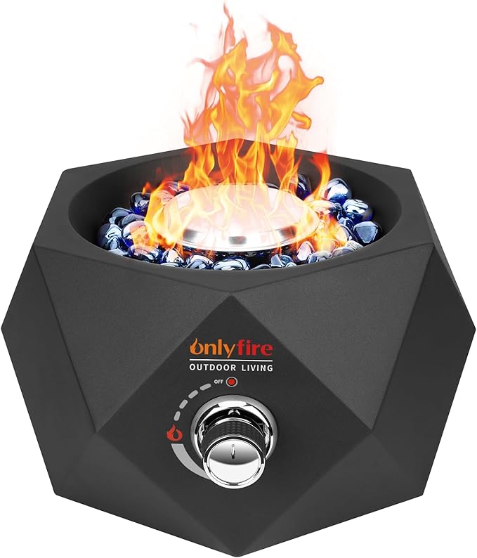 ONLYFIRE OUTDOOR LIVING 14” Modern Tabletop Fire Pit for Table with Umbrella Hole Portable Gas Firepit for 1lb Propane Gas Patio Backyard Porch Camping RV Tailgating Bottom-Mounted FP003