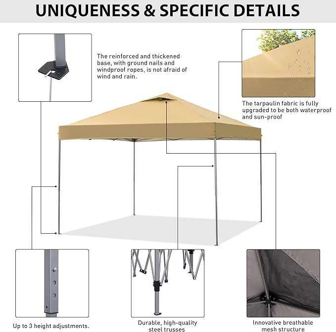 GDY 10x10 Pop Up Canopy Tent Outdoor Canopy Patio TentCommercial Instant Gazebos Portable Shelter Canopies for Patio/Outdoor/Wedding Parties and Events (Brown)