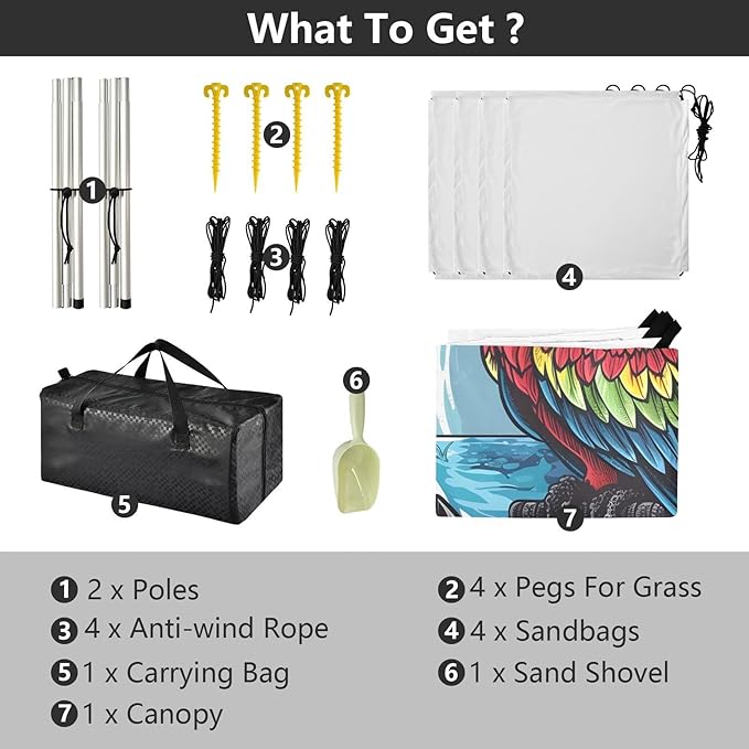 ALAZA Pirate Parrot Beach Tent Sun Shelter UPF50+ Protection Beach Shade Canopy w/ 4 Sandbags for Outdoor Camping Fishing Backyard Fun Picnic 10x9 ft