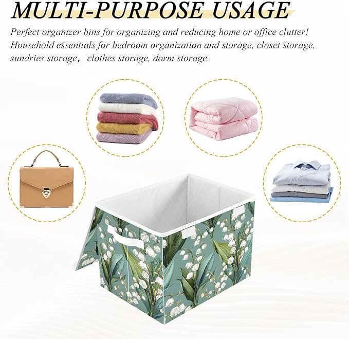 susiyo Large Foldable Storage Bin with Flip-Top Lid Lily Of The Valley Storage Box Collapsible Closet Organizer Containers Boxes Decorative Baskets with Handles for Home Bedroom Living Room Office