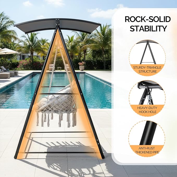 OnCloud Outdoor Hammock Chair Stand with Canopy Heavy Duty Hammock Stand Only Swing Stand with 3 Hooks Max Load 660lbs Fits Most Hanging Chairs Frame Black