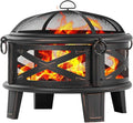 Breezz 26 Inch Wood Burning Fire Pit with Cooking Grill and Spark Screen Outdoor Metal Round Firepit for Patio Backyard Bonfire Party Camping