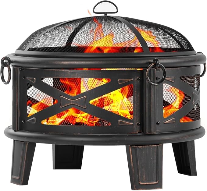 Breezz 26 Inch Wood Burning Fire Pit with Cooking Grill and Spark Screen Outdoor Metal Round Firepit for Patio Backyard Bonfire Party Camping
