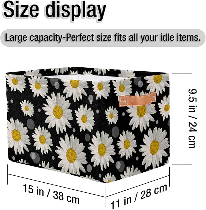 Pardick Daisy Storage Basket Bins Flower Floral Toys Books Clothes Canvas Storage Box Cubes Rectangular Collapsible with Handles for Bedroom Nursery Home Office Decor Organizer Basket
