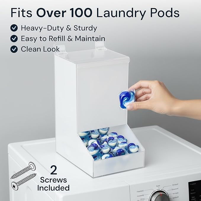 SimplyImagine Acrylic Laundry &amp Dishwasher Pod Dispenser - Large White Acrylic 2 Lids - Wall-Mount Or Countertop Gravity Feeder - Laundry Room Organization &amp Storage for Laundry Pods