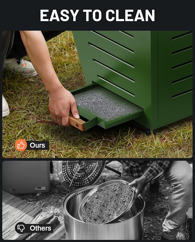 20 Inch Smokeless Fire Pit Stainless Steel Wood Burning Fireplace Portable Outdoor Fire Pit Patio Smokeless Firepit with Pull-Out Ash Tray and Handles Green