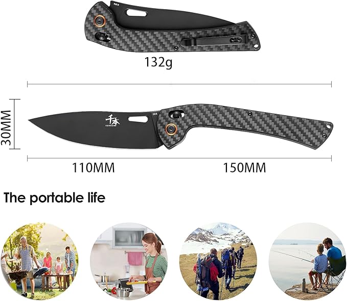 SENBON foldable chef's knife AUS-8 stainless steel with black titanium plating carbon fiber handle with back clip portable outdoor folding fruit petty knife