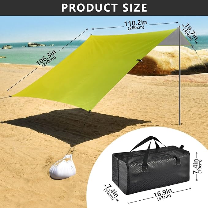 Yellow Gradient Foldable Beach Cabana UPF50+ Waterproof Large Portable Sun Shelter with Sand Shovel Sandbags for Backyard and Camping