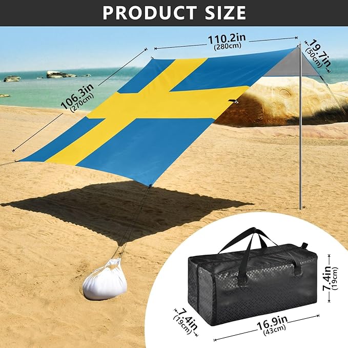Sweden Flag Beach Tent UPF50 Waterproof Shade Sun Shelter with Sandbags &amp Sand Shovel for Backyard and Camping