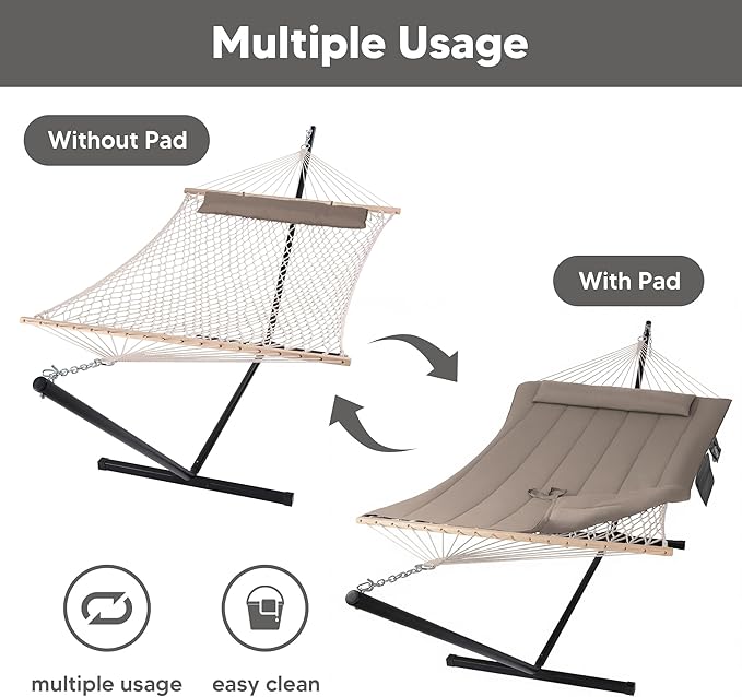 SUNCREAT Hammocks Two Person Hammock with 12ft Stand Included Max 475lbs Capacity Heavy Duty Free Standing Hammock Coffee