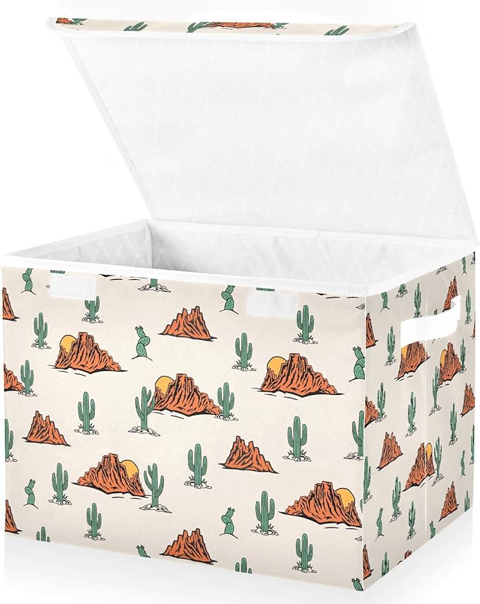Storage Box Western Cactus Closet Storage Bins with Lids Foldable Oxford Fabric Storage Box for Home Bedroom Closet Office (16.5x12.6x11.8 in)