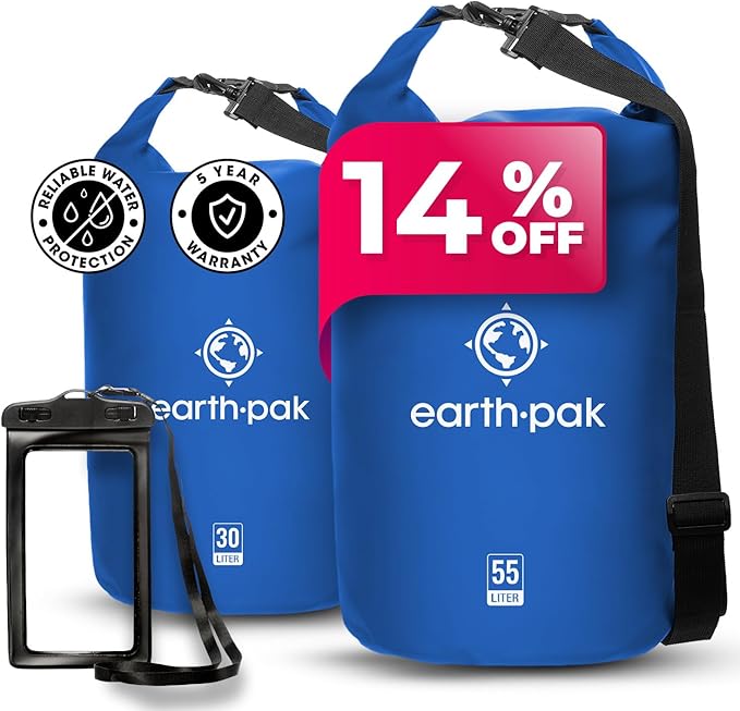 Earth Pak Waterproof Dry Bag - Roll Top Waterproof Backpack Sack (Blue 55L &amp 30L)