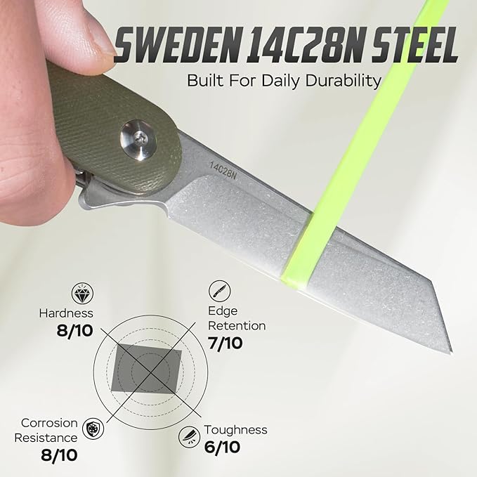 Folding Pocket Knife with Leather Sheath 2.79” 14C28N Steel Blade Micarta Handle Flipper Liner Lock Small EDC Folding Knife Sharp Camping Hunting Outdoor Survival Knives for Men Women (Green)