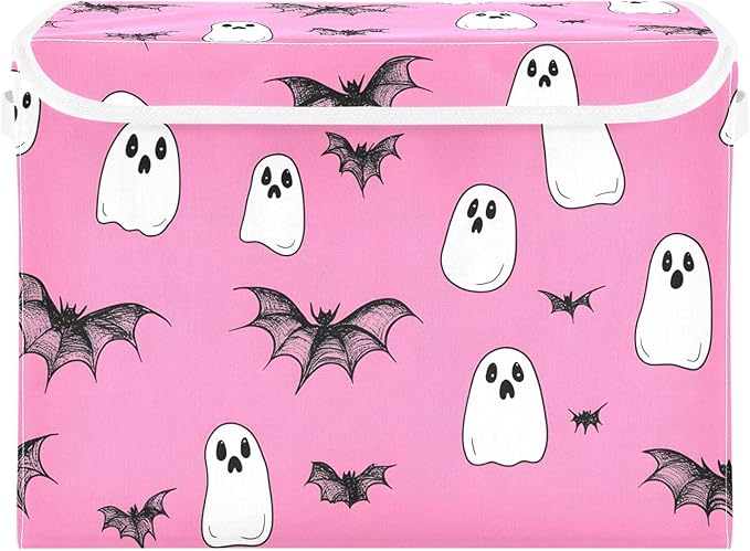 Cute Halloween Bats Storage Cube Bins Basket with Lid Collapsible Flip-top Fabric with Handle for Home Bedroom Closet Office 16.5×12.6×11.8 in