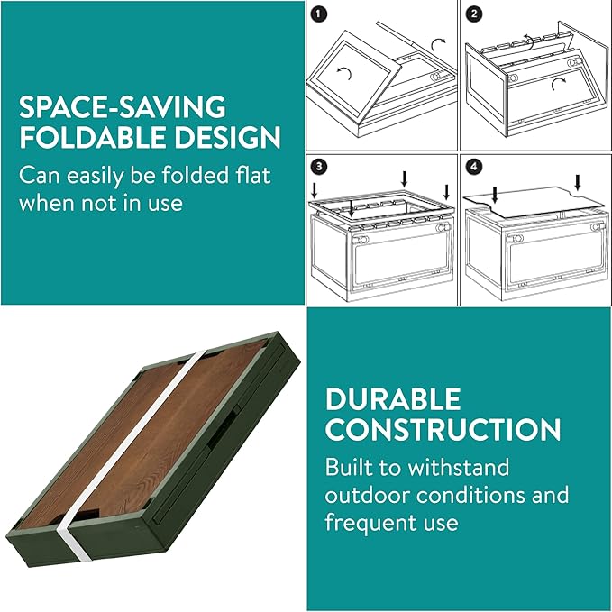 Navaris Camping Storage Box Green - 35L Foldable Bin with Pine Wood Lid - Collapsible Folding Crate - Easy to Disassemble Plastic Storage Crates - Stackable Design with Wheels