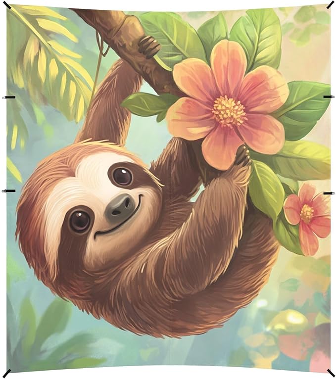 ALAZA Cartoon Sloth Hang on The Tree Floral Beach Tent Sun Shelter Portable Canopy Sunshade for Outdoor Camping Picnics Backyard Fun 10x9 ft