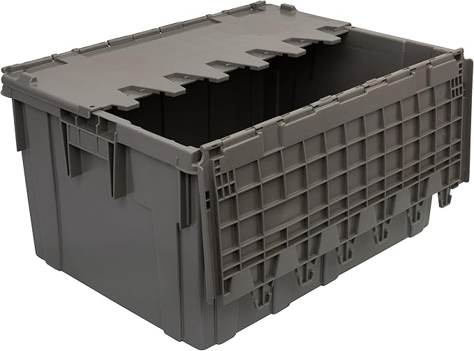 Buckhorn Industrial Lidded Plastic Storage Container Nesting and Stackable Plastic Storage Box with Lid Attached Organization Tote for Transport and Warehouse 27 Gallon Capacity 28x21x15 Gray