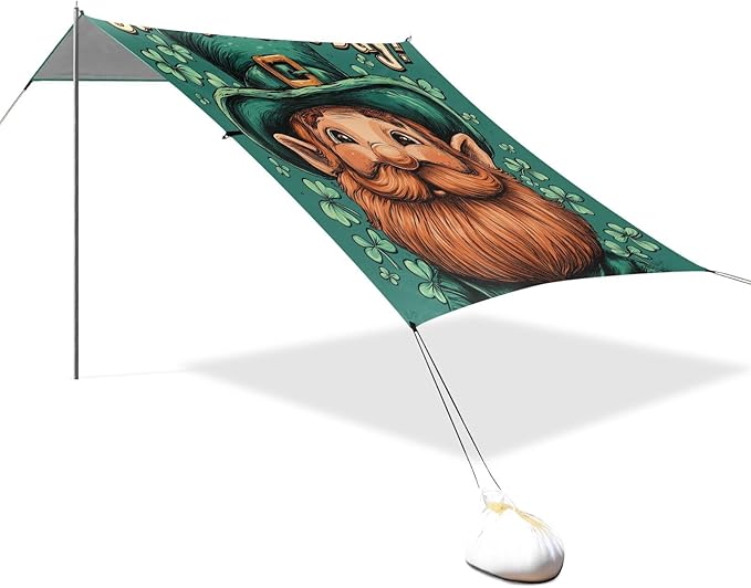 St Patrick's Day Leprechaun Beach Tent Sun Shelter Set UPF50+ UV Protection 10.5 x 9.19 FT Camping Shade Canopy with Sandbags Sand Anchors Carrying Bag and Others