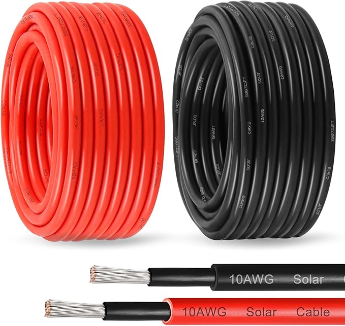 Solar Panel Wire 10 AWG(6mm²) - Solar Extension Cable 30Ft Black &amp 30Ft Red 10 Gauge Tinned Copper PV Wire for Outdoor Automotive RV Solar Panel Boat Marine (Black+Red)