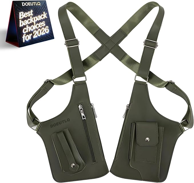 Leather Double Shoulder Armpit Bag for Men Underarm Concealed Rover The Holste Vest for Mens Adjustable Leather Bag (Army Green)
