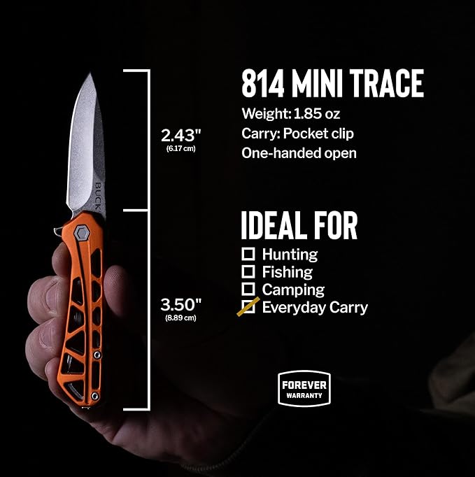Buck Knives 814 Mini Trace Folding EDC Knife 2.43” Pocket Knife Blade Aluminum Handle 7Cr17MoV Steel Drop Point Folding Blade Orange 1.85 oz